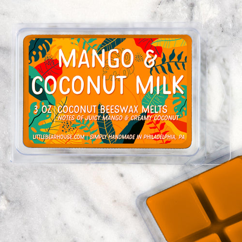3 oz Mango & coconut milk Coconut Beeswax melt cubes wax scent. Notes of juicy mango & creamy coconut. Simply handmade in Philadelphia, PA