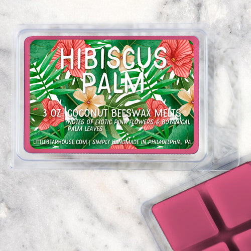 3 oz Hibiscus Palm Coconut Beeswax melt cubes wax scent. Notes of exotic pink flowers & botanical palm leaves. Simply handmade in Philadelphia, PA