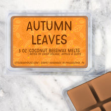 Load image into Gallery viewer, 3 oz Autumn Leaves beeswax and coconut wax melt on Marble background. Notes of crisp foliage, apples &amp; clove. Simply handmade in Philadelphia, PA.
