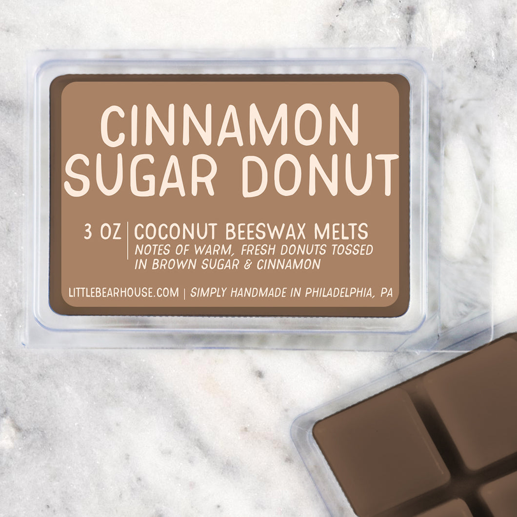 3 oz cinnamon sugar donut beeswax and coconut wax melt. Simply handmade in Philadelphia, PA.