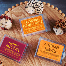 Load image into Gallery viewer, 3 3 oz beeswax and coconut wax melts on wood platter background. Pumpkin Pecan Waffles, Happy Fall Y&#39;All, Autumn Leaves. Simply handmade in Philadelphia, PA.
