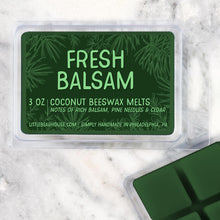 Load image into Gallery viewer, 3 oz Fresh Balsam beeswax and coconut wax melt on Marble background. Notes of rich balsam, pine needles &amp; cedar. Simply handmade in Philadelphia, PA.
