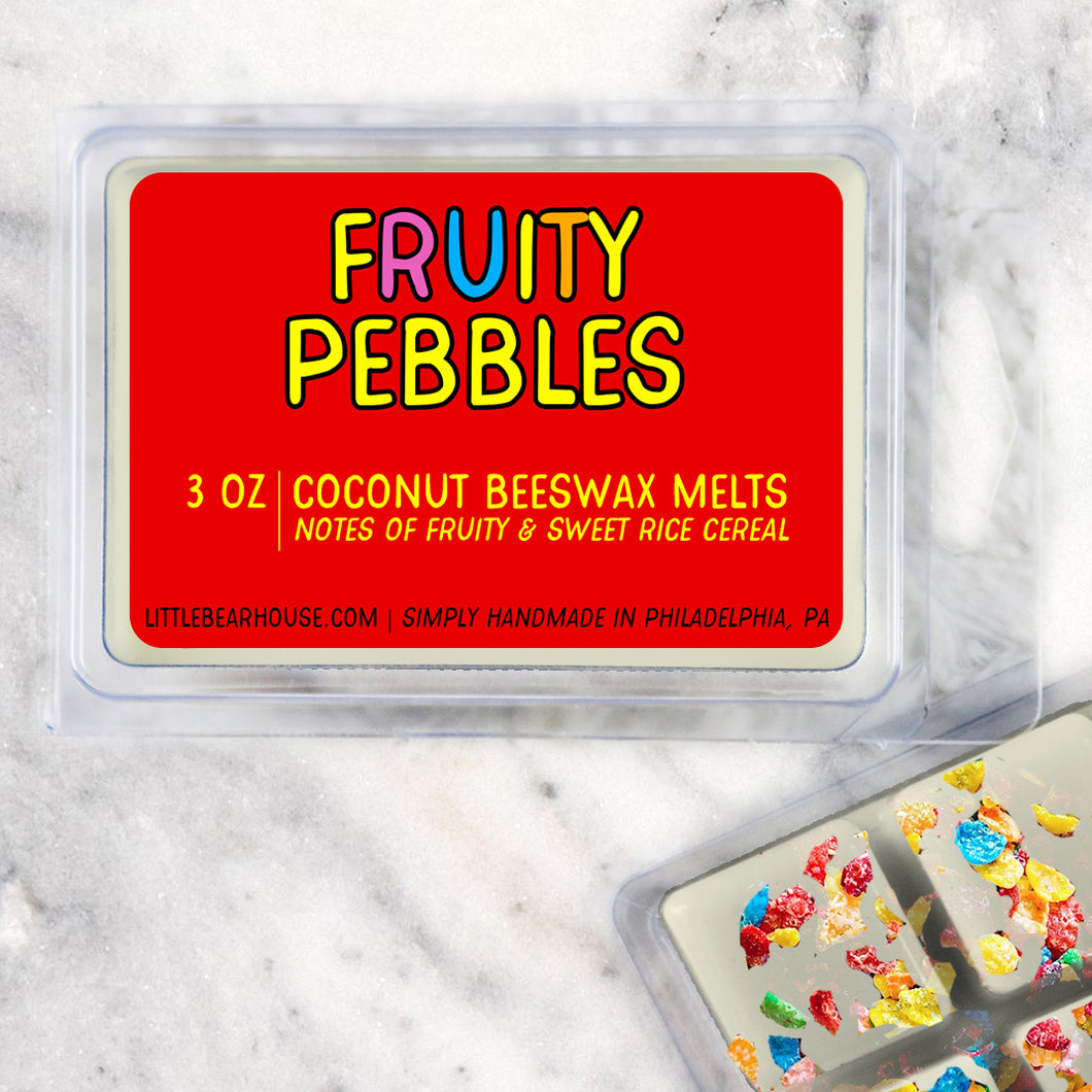 3 oz Fruity Pebbles wax melt cubes wax scent. Notes of Fruity & Sweet Rice Cereal. Simply handmade in Philadelphia, PA