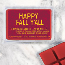 Load image into Gallery viewer, 3 oz Happy Fall Y&#39;all beeswax and coconut wax melt on Marble background. Notes of fall harvested apples, orange peel, clove, cinnamon &amp; wild berries. Simply handmade in Philadelphia, PA.
