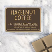 Load image into Gallery viewer, 3 oz Hazelnut Coffee Coconut Beeswax melt cubes wax scent. Notes of fresh brewed hazelnut roast with a splash of hazelnut creamer. Simply handmade in Philadelphia, PA
