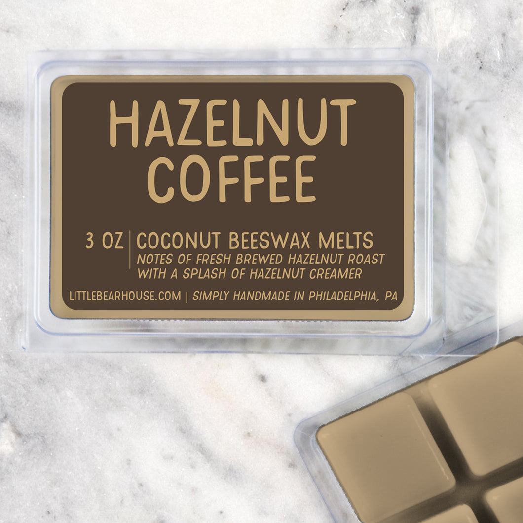 3 oz Hazelnut Coffee Coconut Beeswax melt cubes wax scent. Notes of fresh brewed hazelnut roast with a splash of hazelnut creamer. Simply handmade in Philadelphia, PA