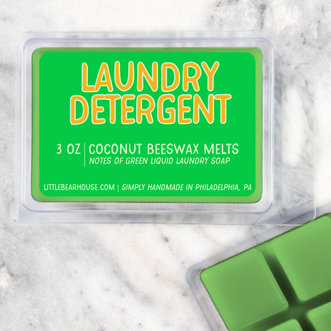 3 oz Laundry Detergent Coconut Beeswax melt cubes wax scent. Notes of green liquid laundry soap. Simply handmade in Philadelphia, PA