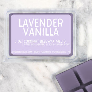 3 oz Lavender Vanilla Coconut Beeswax melt cubes wax scent. Notes of lavender, lilacs & vanilla bean. Simply handmade in Philadelphia, PA