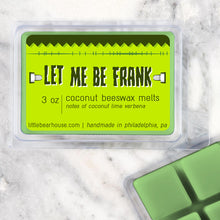 Load image into Gallery viewer, 3 oz Let Me Be Frank beeswax and coconut wax melt on Marble background. Notes of coconut lime verbena. Simply handmade in Philadelphia, PA.
