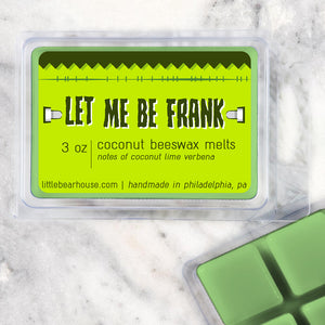 3 oz Let Me Be Frank beeswax and coconut wax melt on Marble background. Notes of coconut lime verbena. Simply handmade in Philadelphia, PA.