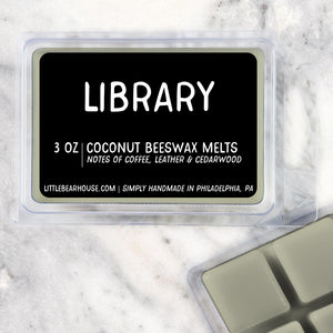 3 oz Library Coconut Beeswax melt cubes wax scent. Notes of coffee, leather & cedar wood. Simply handmade in Philadelphia, PA