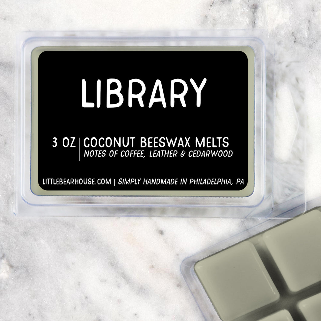 3 oz Library Coconut Beeswax melt cubes wax scent. Notes of coffee, leather & cedar wood. Simply handmade in Philadelphia, PA