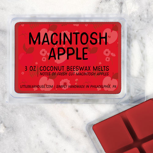 3 oz Macintosh Apple Coconut Beeswax melt cubes wax scent. Notes of fresh cut Macintosh apples. Simply handmade in Philadelphia, PA