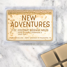 Load image into Gallery viewer, 3 oz New Adventures Coconut Beeswax melt cubes wax scent. Notes of bubbly champagne and crisp pear. Simply handmade in Philadelphia, PA
