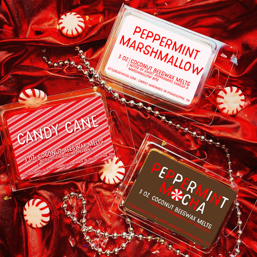 3 oz Peppermint Marshmallow, Candy Cane, and Pepper mint Mocha beeswax and coconut wax melt on Marble background. Simply handmade in Philadelphia, PA.