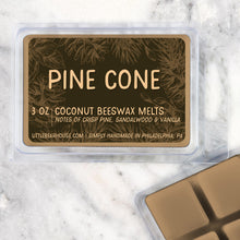 Load image into Gallery viewer, 3 oz Pine Cone beeswax and coconut wax melt on Marble background. Notes of crisp pine, sandalwood &amp; vanilla. Simply handmade in Philadelphia, PA.
