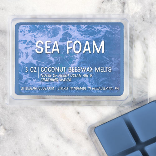3 oz Sea Foam scented beeswax and coconut wax melt. Notes of fresh ocean air & crashing waves. Simply handmade in Philadelphia, PA.
