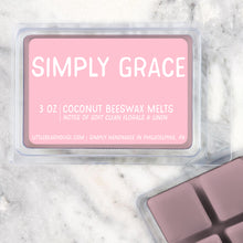 Load image into Gallery viewer, 3 oz Simply Grace scented beeswax and coconut wax melt. Notes of soft, clean florals &amp; linen. Simply handmade in Philadelphia, PA.

