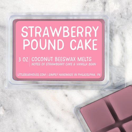 3 oz Strawberry Pound Cake scented beeswax and coconut wax melts. Notes of strawberry cake & vanilla bean. Simply handmade in Philadelphia, PA.