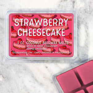 3 oz Strawberry Cheesecake scented beeswax and coconut wax melts. Notes of fresh strawberry topped cheesecake. Simply handmade in Philadelphia, PA.