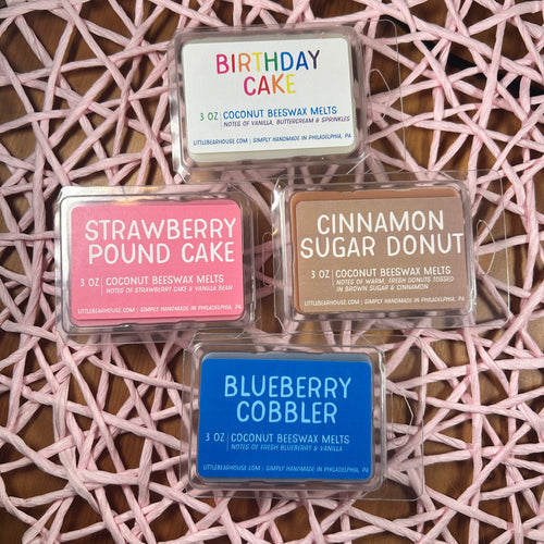Sweet treat bundle- 3 oz beeswax and coconut wax melts. Birthday cake, strawberry pound cake, cinnamon sugar donut, and blueberry cobbler.Simply handmade in Philadelphia, PA.