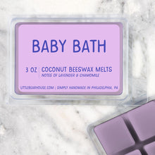 Load image into Gallery viewer, 3 oz Baby Bath scented beeswax &amp; coconut wax melts. Notes of lavender &amp; chamomile. Simply handmade in Philadelphia, PA.
