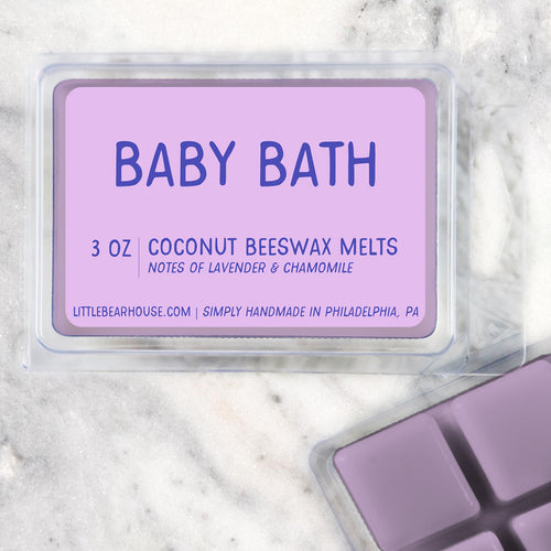 3 oz Baby Bath scented beeswax & coconut wax melts. Notes of lavender & chamomile. Simply handmade in Philadelphia, PA.