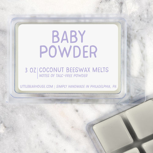 3 oz Baby Powder scented beeswax & coconut wax melts. Notes of talc-free powder. Simply handmade in Philadelphia, PA.