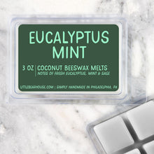 Load image into Gallery viewer, 3 oz Eucalyptus Mint wax melt cube scent. Notes of Fresh Eucalyptus, Mint &amp; Sage. Simply handmade in Philadelphia, PA
