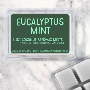3 oz Eucalyptus Mint wax melt cube scent. Notes of Fresh Eucalyptus, Mint & Sage. Simply handmade in Philadelphia, PA