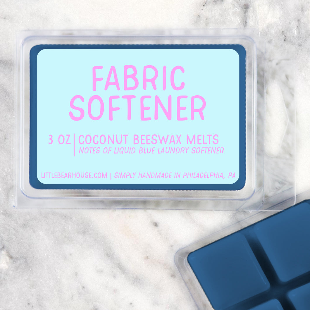 3 oz Fabric Softener wax melt cube scent. Notes of Liquid blue laundry softener. Simply handmade in Philadelphia, PA