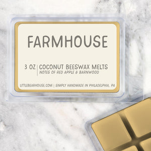 3 oz Farmhouse wax melt cube scent. Notes of red apple & barn wood. Simply handmade in Philadelphia, PA