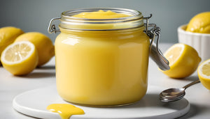 jar of creamy lemon curd on a plate with whole and sliced  lemons in the background