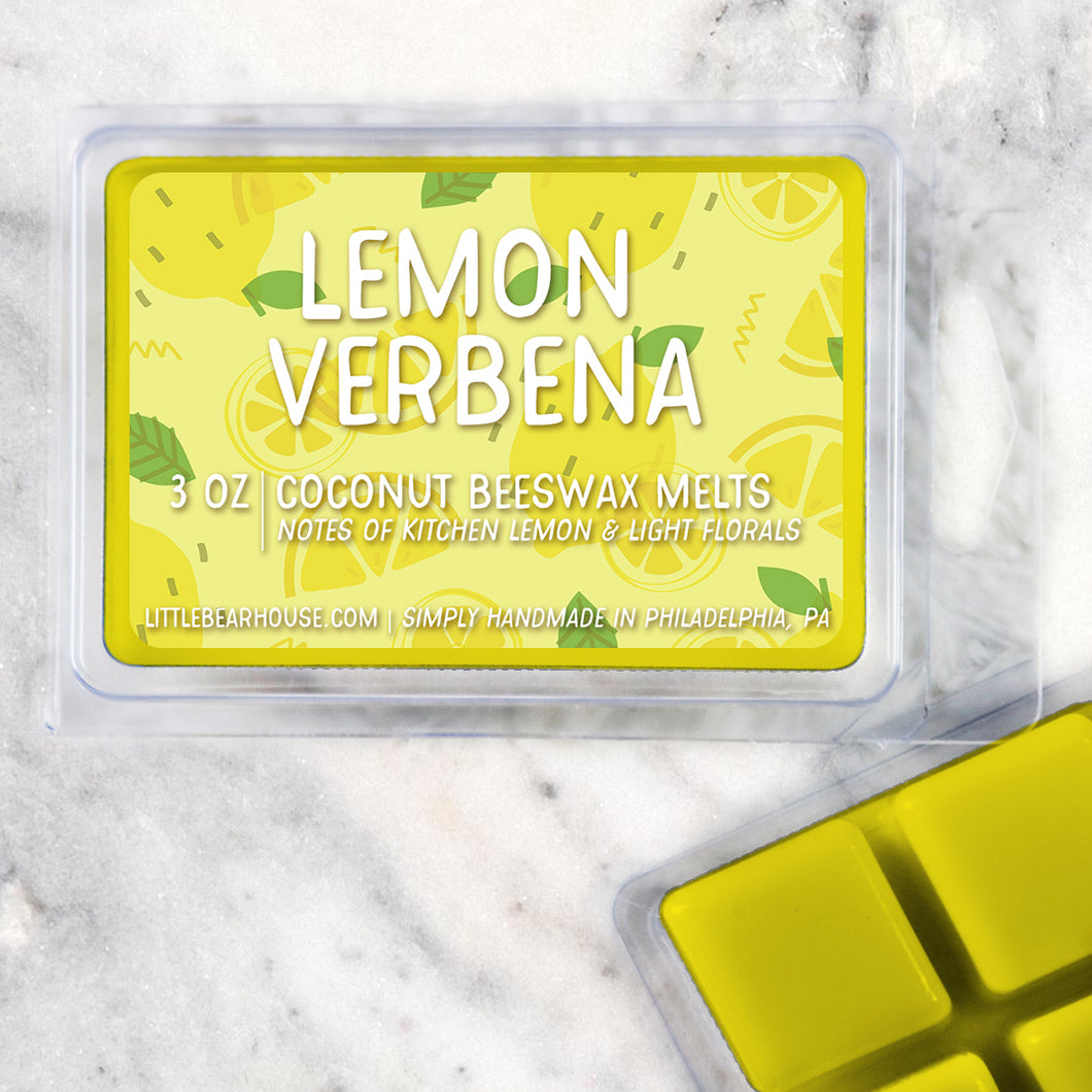 3 oz Lemon Verbena Coconut Beeswax melt cubes wax scent. Notes of kitchen lemon & light florals. Simply handmade in Philadelphia, PA