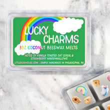 Load image into Gallery viewer, 3 oz Lucky Charms Coconut Beeswax melt cubes wax scent. Notes of vanilla toasted oat cereal &amp; strawberry marshmallows. Simply handmade in Philadelphia, PA

