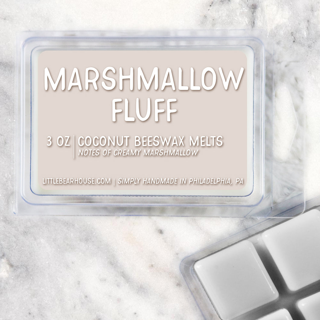 3 oz Marshmallow Fluff Coconut Beeswax melt cubes wax scent. Notes of creamy marshmallow. Simply handmade in Philadelphia, PA