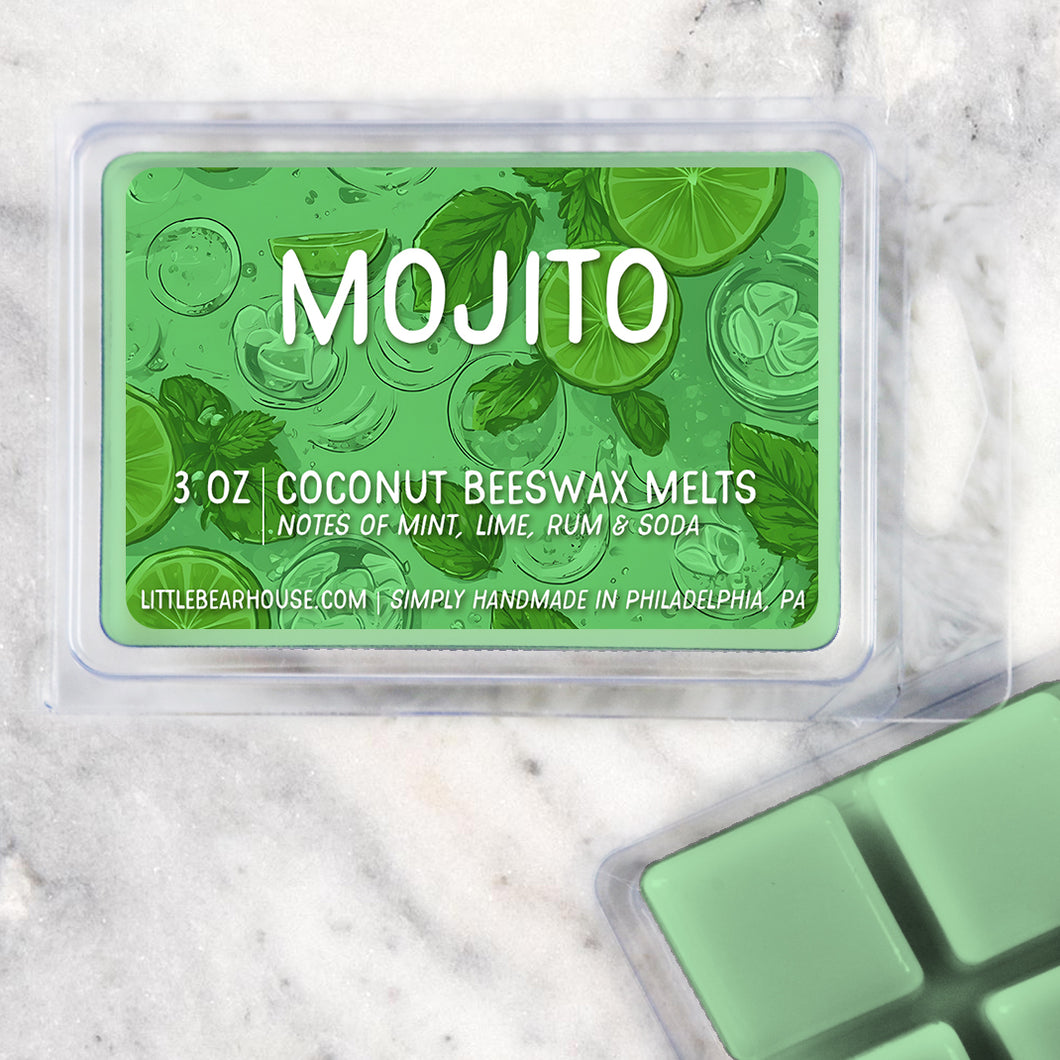 3 oz Mojito Coconut Beeswax melt cubes wax scent. Notes of mint, lime, rum, and soda. Simply handmade in Philadelphia, PA