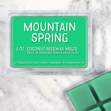 Load image into Gallery viewer, 3 oz Mountain Spring Coconut Beeswax melt cubes wax scent. Notes of clean bar soap &amp; green fields. Simply handmade in Philadelphia, PA
