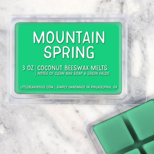 3 oz Mountain Spring Coconut Beeswax melt cubes wax scent. Notes of clean bar soap & green fields. Simply handmade in Philadelphia, PA