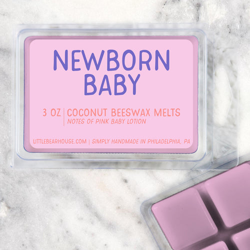 3 oz Newborn Baby Coconut Beeswax melt cubes wax scent. Notes of pink baby lotion. Simply handmade in Philadelphia, PA