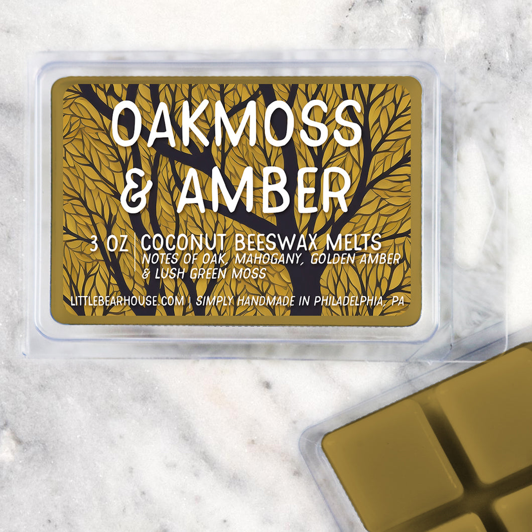 3 oz Oakmoss & Amber Coconut Beeswax melt cubes wax scent. Notes of oak, mahogany, golden amber & lush green moss. Simply handmade in Philadelphia, PA