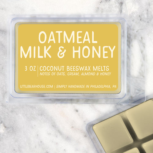 3 oz Oatmeal Milk & Honey Coconut Beeswax melt cubes wax scent. Notes of oats, cream, almond & honey. Simply handmade in Philadelphia, PA