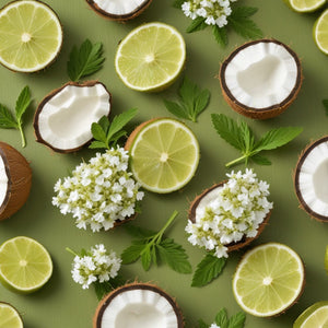 sliced limes, cracked coconut, and verbena in a neat pattern against a green background 