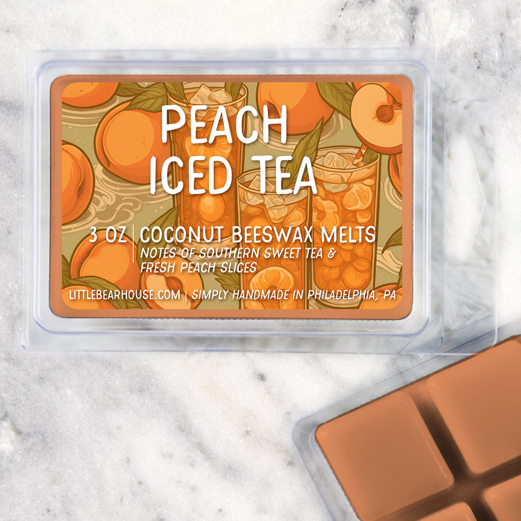 3 oz peach iced tea scented beeswax and coconut wax melt. Simply handmade in Philadelphia, PA.