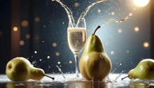 Load image into Gallery viewer, Ripe Bartlett pears splashing in champagne, with a glass being filled with champagne

