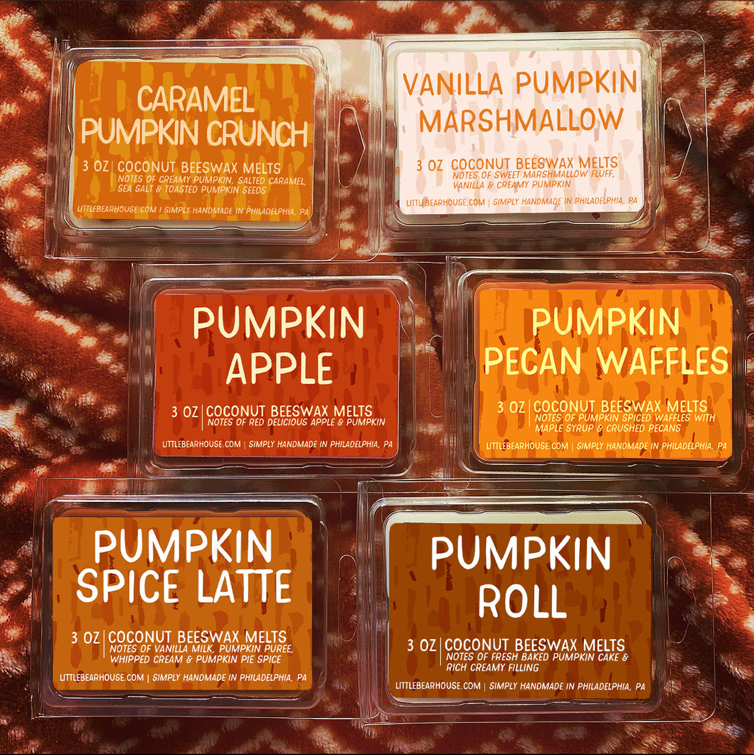 6 3 oz  beeswax and coconut wax melt s on soft blanket background. Caramel Pumpkin Crunch, Vanilla Pumpkin Marshmallow, Pumpkin Apple, Pumpkin Pecan Waffles, Pumpkin Spice Latte, Pumpkin Roll. Simply handmade in Philadelphia, PA.