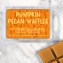 Load image into Gallery viewer, 3 oz Pumpkin pecan waffles beeswax and coconut wax melt on Marble background. Notes of pumpkin spiced waffles with maple syrup &amp; crushed pecans. Simply handmade in Philadelphia, PA.
