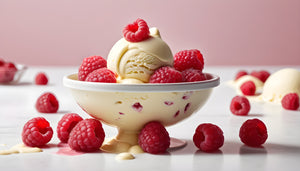 Vanilla ice cream with raspberries in and around the bowl