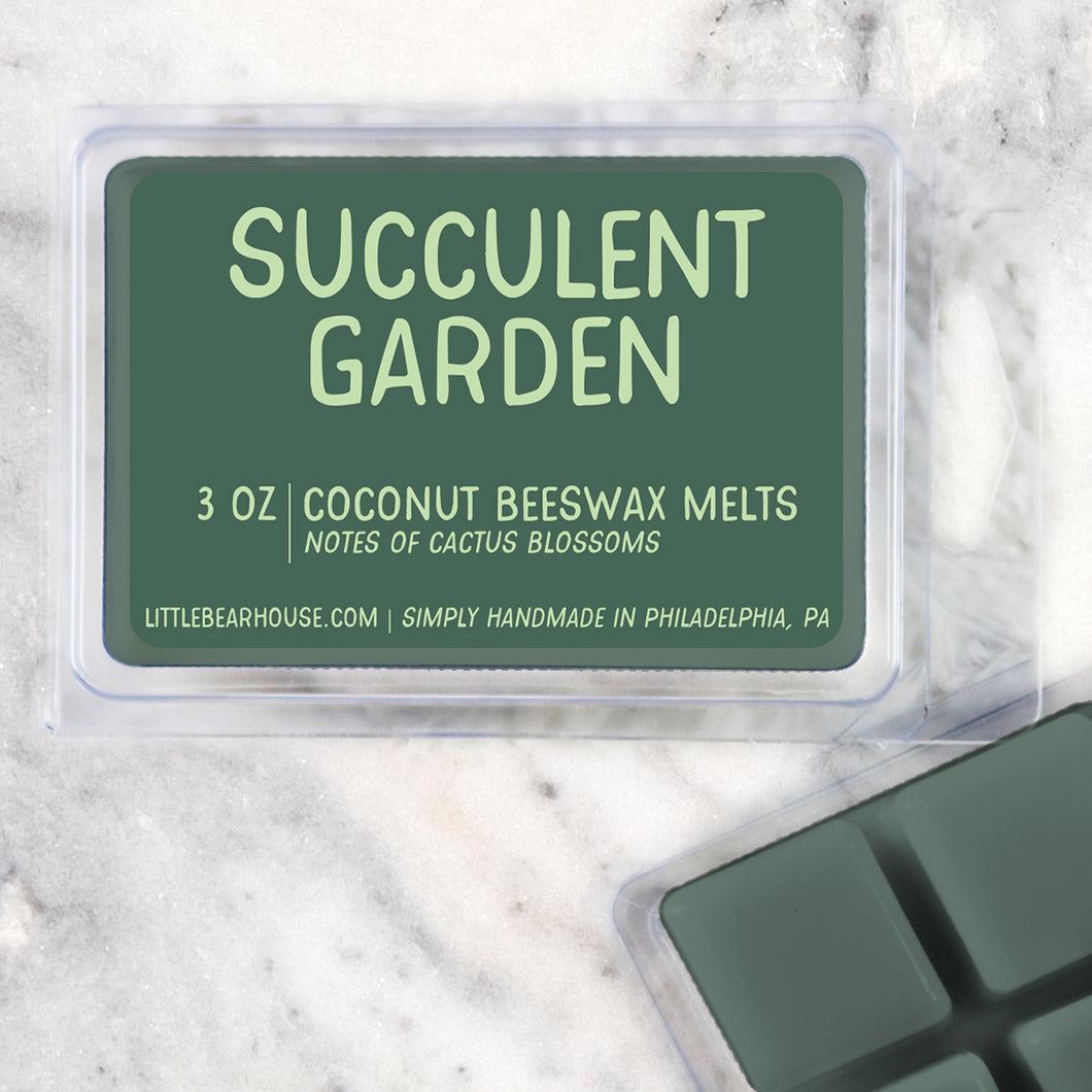 3 oz Succulent Garden scented beeswax and coconut wax melts. Notes of cactus blossom. Simply handmade in Philadelphia, PA.