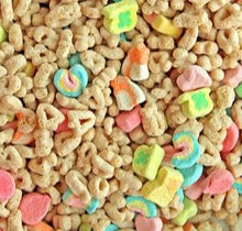 Load image into Gallery viewer, Lucky Charms cereal with hearts, clovers, rainbows, horseshoe shaped marshmallows

